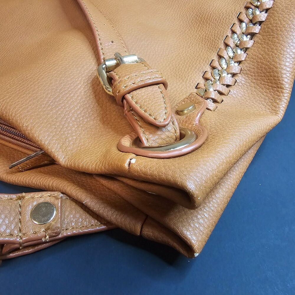 Anthropologie Melie Bianco Vegan Leather Camel Hobo Purse Handles Gold 11 x 16" - Picture 12 of 13